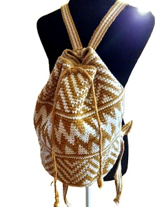 Handwoven Wayuu Boho Bucket Bag Geometric Back Carrier Drawstring Closure    E22 - Picture 1 of 4