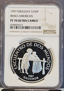 1997 URUGUAY SILVER 250 PESOS IBERO AMERICAN GAUCHOS NGC PF 70 ULTRA CAMEO RARE - Picture 1 of 3