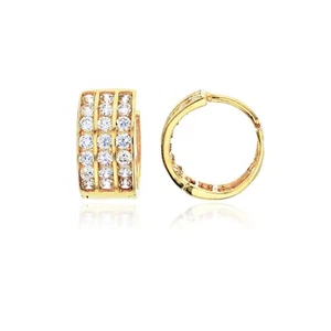 Triple 3 Row Round Cut Pave CZ Huggie Hoop Earrings Real Solid 14K Yellow Gold - Picture 1 of 2