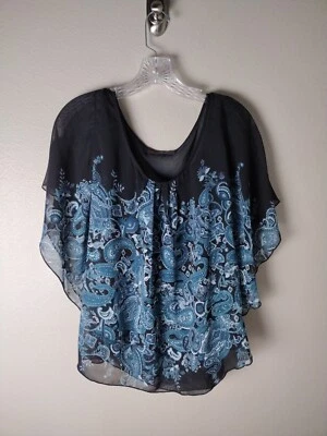 Heart Soul Teal 黑色佩斯利花卉覆盖飘动袖 Y2K 上衣 L — 第 1/3 张图片