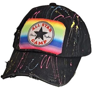 Chuck Taylor All Star Camp Black Rainbow Adjustable Baseball Cap Hat Distressed 