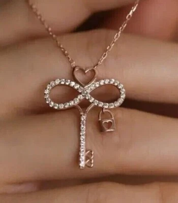 2 Ct Round Cut Simulated Diamond Heart & Key Pendant 14K Rose Gold Plated - Image 1 of 4
