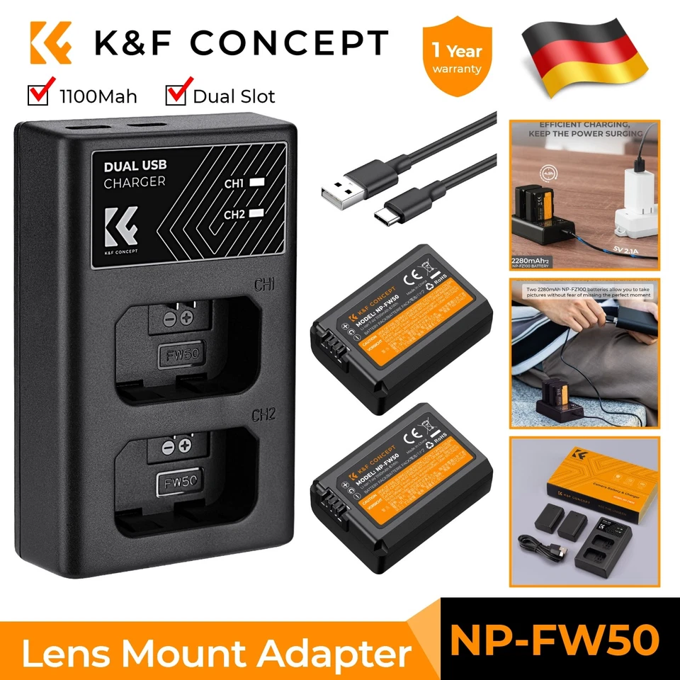 K&F Concept NP-FW50 con Pantalla LED Doble Ranura Cámara Cargador de Batería para Sony - Imagen 1 de 4