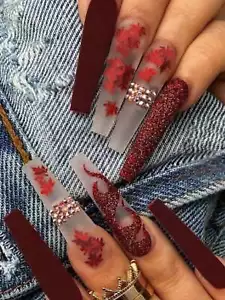 24pcs Long Coffin Autumn Maple Leaf Flame Fake Nail Press On Nails False Nails - Picture 1 of 7