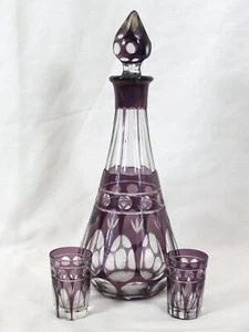 Bohemian Amethyst Cut to Clear Crystal Decanter and 2 Shot Glasses - Picture 1 of 7
