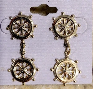Vintage Gold Tone Ship's Wheel Helm Stud Dangle Earrings. Nautical New Old Stock - Picture 1 of 5