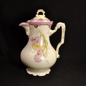 Limoges AKCD Cioccolatoera Klingenberger & Dwenger Viola Iris con Oro 1900-1910 - Foto 1 di 12