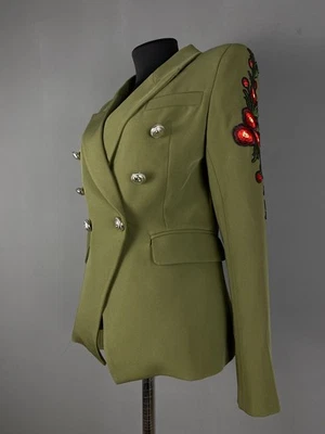 Balmain Blazer Womens Khaki Green Buttons Flowers Size L - Image 1 of 4