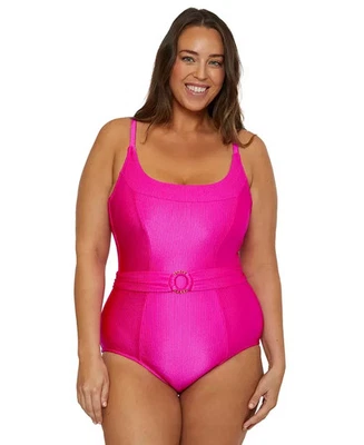 Becca ETC Plus Size Ring Belted Rib One-Piece Swimsuit, Pink, Size 3XL 0318 - Image 1 of 3