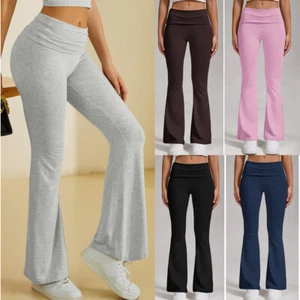 Womens Fold Over Waist Flare Leggings Cotton Bootcut Pants Gym Casual Trousers - Picture 1 of 18