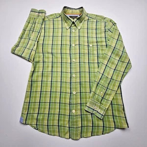 JL Powell Mens Shirt Medium Green Blue White Check Flip Cuff Big Button Down M - Picture 1 of 22