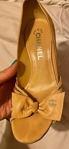 Auth CHANEL CC Logo OpenToe Beautiful Nude Leather Shoes/ Pumps 36.5