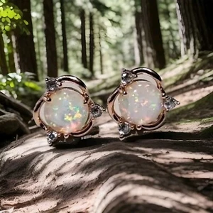 Rose Golden Flower Design Stud Earrings with Synthetic Opal and White CZ Gems - Picture 1 of 7