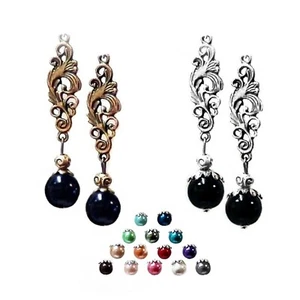 Earrings renaissance charm and pearl drop, choose color and clip on or pierced - Picture 1 of 19