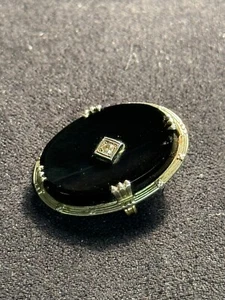 14k Art Deco Style Vintage Black Onyx And Diamond Brooch - Bild 1 von 7