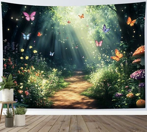 Butterfly Sunshine Through Green Forest Tapestry for Bedroom Living Room Dorm - Picture 1 of 15
