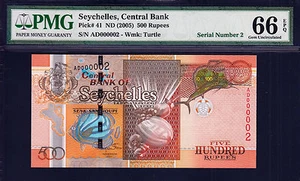 Seychelles 500 Rupees ND (2005) LOW Serial 000002 Pick-41 GEM UNC PMG 66 EPQ - Picture 1 of 2