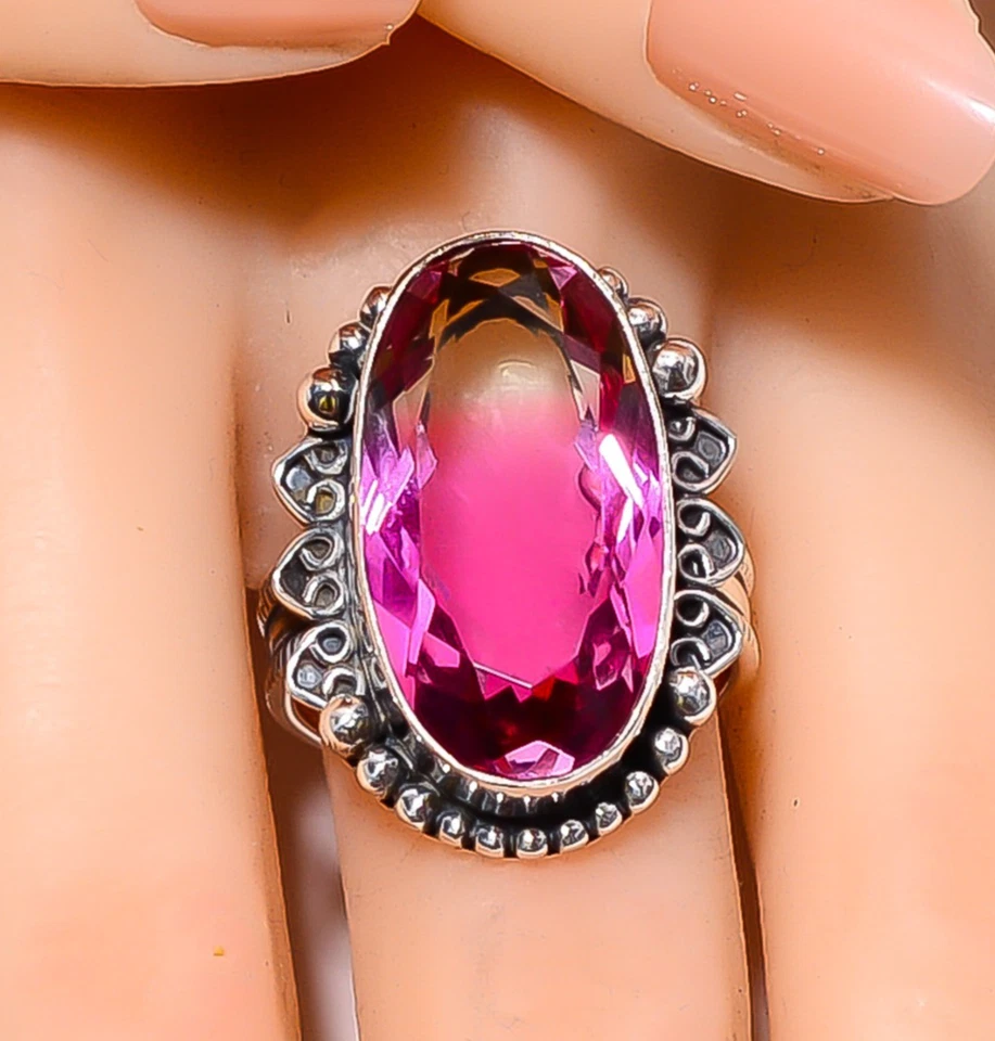 Bi- Color Tourmaline Gemstone 925 Sterling Silver Handmade Jewelry Ring All Size - Image 1 of 4