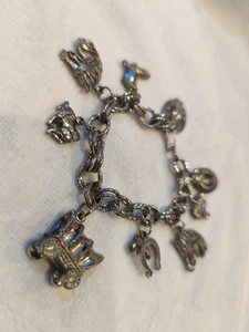 Charm Bracelet COUNTRY WESTERN STYLE Stainless Metal 9 Charms 7in - Picture 1 of 7