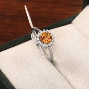 Anillo de citrino natural corte redondo diamante halo plata esterlina joyería fina regalo - Imagen 1 de 10