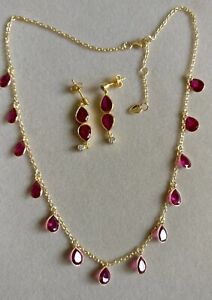 4Ct Pear Cut Simulated Red Ruby Pendant Necklace With Stud 14KYellow Gold Plated