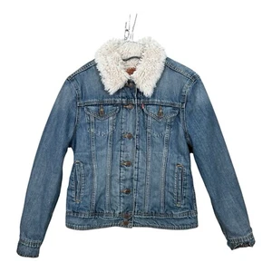 Levi’s Sherpa Fleece Lined Denim Trucker Jacket Womens M Medium Blue Y2K Borg - Picture 1 of 16