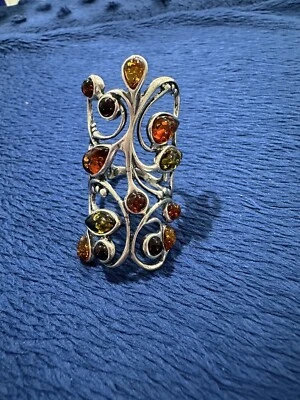 Anillo llamativo vintage de plata esterlina 935 triple ámbar tejido hoja de árbol, 9,5 Foto 1 de 4