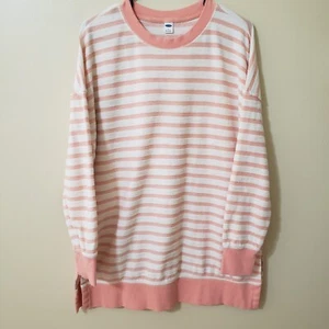 Old Navy Large Womens Beach Fleece Coral and Cream Stripe Long Sleeve Pullover - Picture 1 of 12