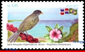 21-03 BRASILIEN 2021 DIPLOMATISCHE REL. DOMINIKANISCHE REPUBLIK, VÖGEL, BLUMEN, STRAND, POSTFRISCH - Bild 1 von 2