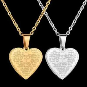 Men Women Fashion Simple Heart Shape Carved Bible Text Pendant Necklace Couple P - Picture 1 of 12