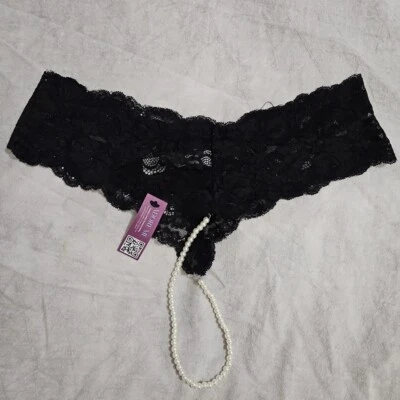 Adore Me NEW The Aster Pearl Thong Black Lace V-Shape Size Small - Image 1 of 4