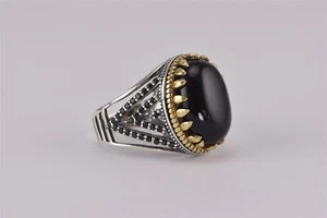 Anillo de banda de ónix negro ovalado de plata esterlina pulido de dos tonos talla 925 - Imagen 1 de 7