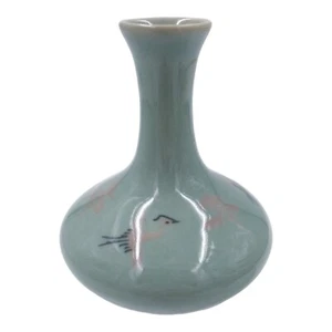 Artist Signed Japanese Pottery Celadon Glaze Vase Green Genie Birds Crane Egret - Picture 1 of 9