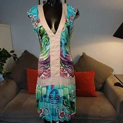 WOMENS CUSTO BARCELONA "CECIL LONG- RISE & SHINE " COLOURFUL STRETCH DRESS 8-10 - Image 1 of 4