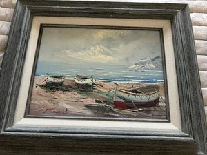 Vintage Framed & Matted Oil Painting Boats On Beach 17.5”x14” Signed By Artist - Picture 1 of 11