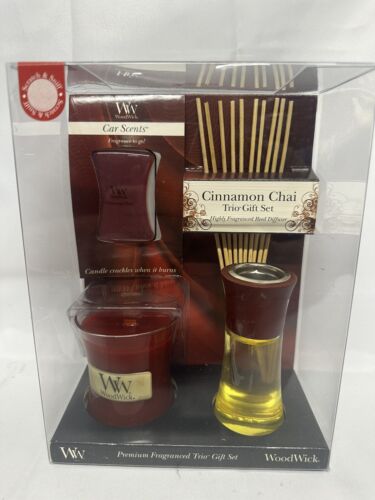 WoodWick Cinnamon Chai Trio Gift Set Reed Diffuser, Car Sent, And 3.4Oz Candle