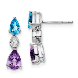 14K Solid White Gold Swiss Blue Topaz Amethyst Diamond Dangle Earrings - Picture 1 of 5