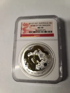 Australia 2012 S$1 Luna Year of The Dragon 1oz Silver Gilt Coin NGC MS70 Perfect - Picture 1 of 4