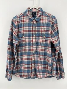 J Crew Flannel Button Up Shirt Mens Size Large Blue Red White Plaid Long Sleeve - Picture 1 of 8