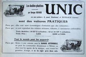 PUBLICITÉ DE PRESSE 1909 VOITURES UNIC LES DOUBLES-PHAÉTONS PAR GEORGES RICHARD - Foto 1 di 1