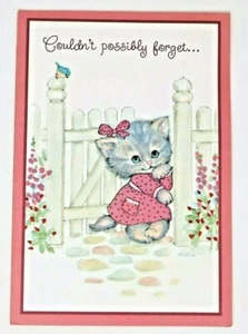 Vintage Hallmark Happy Birthday Card For Olga Kitten Fence Bird Flower Butterfly - Picture 1 of 3