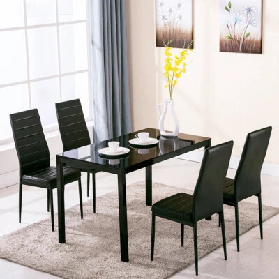 Black Glass Top Table and 4 Chairs Dining Set For Home Kitchen Dining Room Hotel - Image 1 of 4