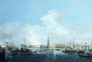 Carlo Grubacs ""Bacino, Venezia"" spedizione italiana Opera d'Arte Verde CARTA o TELA - Foto 1 di 4