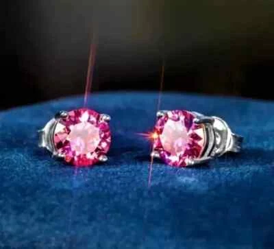 Lab Created Sapphire 2Ct Round Cut Solitaire Earrings Stud 14K White Gold Plated - Image 1 of 4