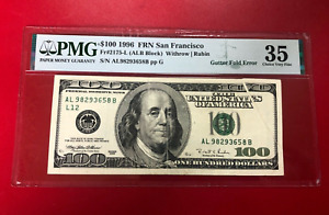 1996 $100 FRN SAN FRANCISCO WITHROW RUBIN PMG 35 GUTTER FOLD ERROR