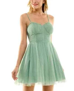 City Studios Juniors Glitter Tulle Ruched Bodice Skater Dress Sz 9/10 In Sage - Picture 1 of 4