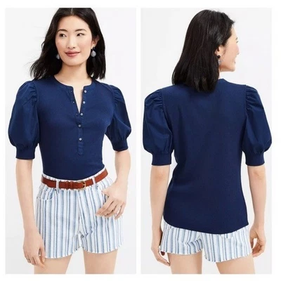 Ann Taylor LOFT Poplin Puff Sleeve Ribbed Knit Henley Shirt Navy XS - Image 1 of 4