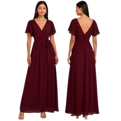Lulus Convincing Grace Burgundy Flutter Sleeve Wrap Maxi Dress Size Large NEW - Image 1 of 4