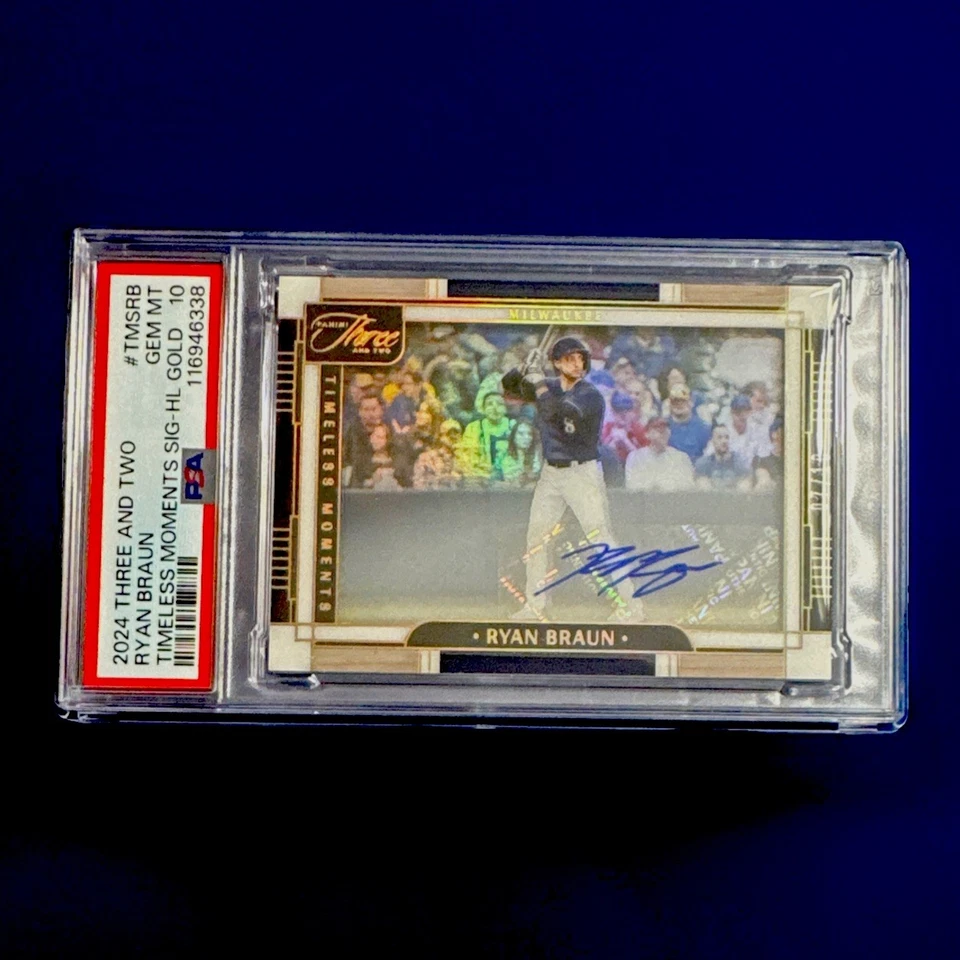 RYAN BRAUN 2024 PANINI THREE & TWO - HOLO GOLD - AUTO /10 PSA 10 POP 1! - Image 1 of 4