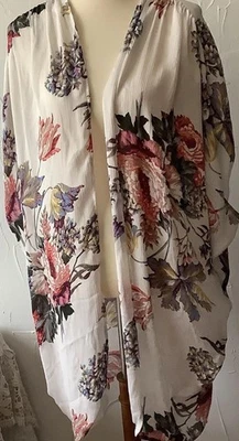 UMGEE USA  (M/L) Kimono Duster Cardigan, Flowing, Romantic, Floral On White - Image 1 of 4